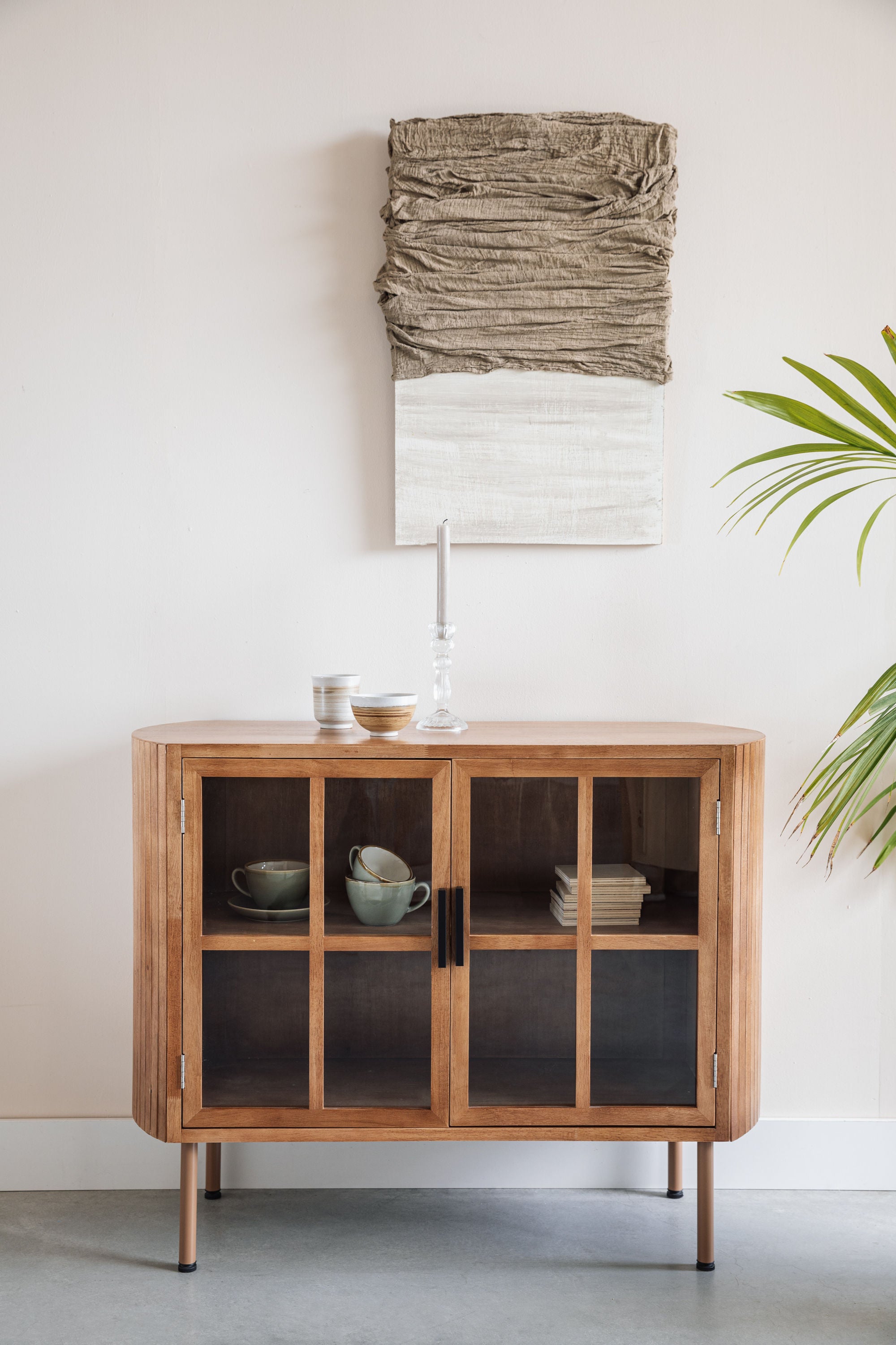 Yaz Slatted Natural Wood & Glass Sideboard
